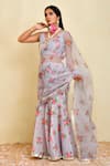 Bannhi_Grey Chanderi Printed Floral Leaf Lace Detailed Hem Pre-draped Saree With Blouse _Online_at_Aza_Fashions