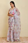 Shop_Bannhi_Grey Chanderi Printed Floral Leaf Lace Detailed Hem Pre-draped Saree With Blouse _Online_at_Aza_Fashions