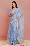 Buy_Bannhi_Blue Georgette Printed Floral V Neck Lace Detailed Pre-draped Saree With Blouse _at_Aza_Fashions