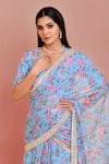 Buy_Bannhi_Blue Georgette Printed Floral V Neck Lace Detailed Pre-draped Saree With Blouse _Online_at_Aza_Fashions