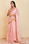 Buy_Bannhi_Pink Georgette Printed Floral Scoop Pre-draped Saree With Plunge Back Blouse _at_Aza_Fashions