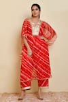 Buy_Bannhi_Red Georgette Printed Leheriya V Neck Kaftan With Pant _at_Aza_Fashions