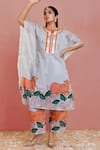 Buy_Bannhi_Grey Chanderi Printed Pichwai Notched Round Kaftan With Pant _at_Aza_Fashions