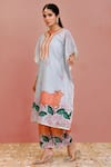 Shop_Bannhi_Grey Chanderi Printed Pichwai Notched Round Kaftan With Pant _Online_at_Aza_Fashions