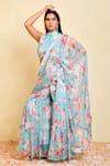 Buy_Bannhi_Blue Georgette Printed Floral High Pre-draped Sharara Saree With Blouse _at_Aza_Fashions