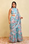 Bannhi_Blue Georgette Printed Floral High Pre-draped Sharara Saree With Blouse _Online_at_Aza_Fashions