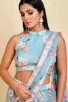 Buy_Bannhi_Blue Georgette Printed Floral High Pre-draped Sharara Saree With Blouse _Online_at_Aza_Fashions