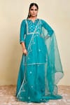 Buy_Bannhi_Blue Uppada Silk Aari Notched Round Floral Detailed Kurta Sharara Set _at_Aza_Fashions