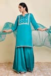 Bannhi_Blue Uppada Silk Aari Notched Round Floral Detailed Kurta Sharara Set _Online_at_Aza_Fashions