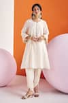 Leela By A_Ivory Jacquard, Cotton Metallic Thread, Zari, Moti And Lace Embellished Kurta Set _at_Aza_Fashions