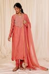 Buy_Leela By A_Pink Chanderi Slub Lining Mulmul Cotton Phool Jaal Yoke Anarkali Set _at_Aza_Fashions