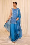 Buy_Leela By A_Blue Jacquard Cotton Embellished Lace V-neck Lotus Woven Kurta Palazzo Set _at_Aza_Fashions