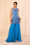 Leela By A_Blue Jacquard Cotton Embellished Lace V-neck Lotus Woven Kurta Palazzo Set _Online_at_Aza_Fashions