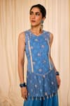 Shop_Leela By A_Blue Jacquard Cotton Embellished Lace V-neck Lotus Woven Kurta Palazzo Set _Online_at_Aza_Fashions