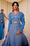 Leela By A_Blue Chanderi Slub Embroidered Applique V-neck Floral Lehenga Set _Online_at_Aza_Fashions