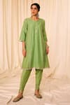 Leela By A_Green Jacquard Cotton Woven Lace Notched Geometric Kurta Tulip Pant Set _Online_at_Aza_Fashions