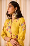 Shop_Leela By A_Yellow Chanderi Slub Embroidered Applique Floral Bird Kurta Tulip Pant Set _Online_at_Aza_Fashions