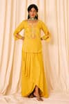 Buy_Leela By A_Yellow Chanderi Slub Embroidered Threadwork Floral Kurta With Draped Skirt _at_Aza_Fashions