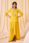 Leela By A_Yellow Chanderi Slub Embroidered Threadwork Floral Kurta With Draped Skirt _at_Aza_Fashions