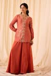 Buy_Leela By A_Peach Chanderi Slub Embroidered Threadwork Zari Woven Jacket With Palazzo _at_Aza_Fashions