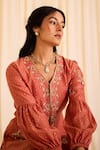 Leela By A_Peach Chanderi Slub Embroidered Threadwork Zari Woven Jacket With Palazzo _Online_at_Aza_Fashions