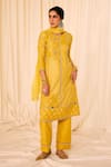 Leela By A_Yellow Jacquard Cotton Woven Butti Round Geometric Threadwork Kurta Pant Set _Online_at_Aza_Fashions