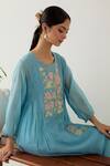 TATWA_Blue Handloom Chanderi Silk Embroidery Floral Round Patchwork Kurta And Pant Set _Online