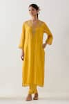 Buy_TATWA_Yellow Handloom Chanderi Silk Embroidery Songbird Straight Kurta And Pant Set _at_Aza_Fashions