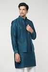 RNG Safawala_Blue Dupion Silk Plain Diamond Pintuck Bundi And Kurta Set _at_Aza_Fashions