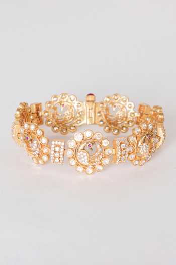 Shop_Zevar By Geeta_Gold Plated Imitation Diamonds Peacock Moissanite Studded Kada _at_Aza_Fashions