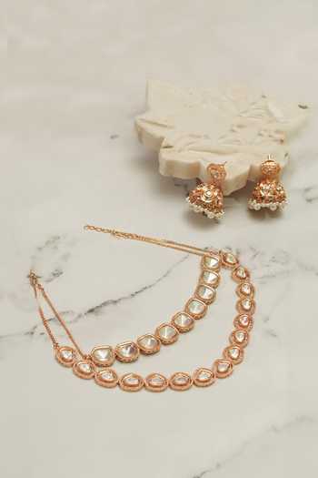 Shop_Zevar By Geeta_Gold Plated Pearls, Diamonds Polki Embellished Layered Necklace Set _at_Aza_Fashions