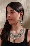 Buy_Zevar by Geeta_Green Diamond Tear Drop Carved Embellished Necklace Set _at_Aza_Fashions