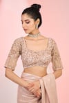 Buy_MeenaGurnam_Rose Gold Blouse Net Embellished Sequin Leaf Saree With _Online_at_Aza_Fashions