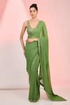 Buy_MeenaGurnam_Green Blouse Net Embellished Sequin Plunge Cutdana Saree With _at_Aza_Fashions