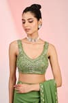 MeenaGurnam_Green Blouse Net Embellished Sequin Plunge Cutdana Saree With _Online_at_Aza_Fashions