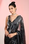 MeenaGurnam_Black Blouse Net Hand Embroidery Sequin Leaf Flower Cutdana Hem Saree With _Online_at_Aza_Fashions