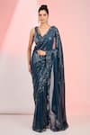 Buy_MeenaGurnam_Blue Blouse Net Hand Embroidery Sequin Leaf Flower Hem Saree With _at_Aza_Fashions