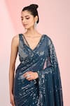 Buy_MeenaGurnam_Blue Blouse Net Hand Embroidery Sequin Leaf Flower Hem Saree With _Online_at_Aza_Fashions