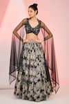 Buy_MeenaGurnam_Black Blouse And Dupatta Net Printed Cutdana Plunge Floral Lehenga Set _at_Aza_Fashions