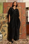 Buy_Kanelle_Black Upada Silk Solid V Mira Draped Kaftan _at_Aza_Fashions