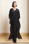 Buy_Kanelle_Black Upada Silk Solid V Mira Draped Kaftan _Online_at_Aza_Fashions