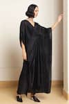 Kanelle_Black Upada Silk Solid V Mira Draped Kaftan _at_Aza_Fashions