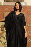 Shop_Kanelle_Black Upada Silk Solid V Mira Draped Kaftan _at_Aza_Fashions