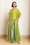 Buy_Kanelle_Green Top Upada Silk Solid V Bumi Drop Shoulder With Flared Pant _Online_at_Aza_Fashions