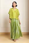 Kanelle_Green Top Upada Silk Solid V Bumi Drop Shoulder With Flared Pant _at_Aza_Fashions