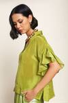 Shop_Kanelle_Green Top Upada Silk Solid V Bumi Drop Shoulder With Flared Pant _at_Aza_Fashions