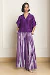 Buy_Kanelle_Purple Top Upada Silk Solid V Bumi Frill Sleeve With Flared Pant _at_Aza_Fashions