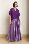 Shop_Kanelle_Purple Top Upada Silk Solid V Bumi Frill Sleeve With Flared Pant _Online_at_Aza_Fashions