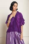 Shop_Kanelle_Purple Top Upada Silk Solid V Bumi Frill Sleeve With Flared Pant _at_Aza_Fashions