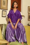 Kanelle_Purple Top Upada Silk Solid V Bumi Frill Sleeve With Flared Pant _at_Aza_Fashions